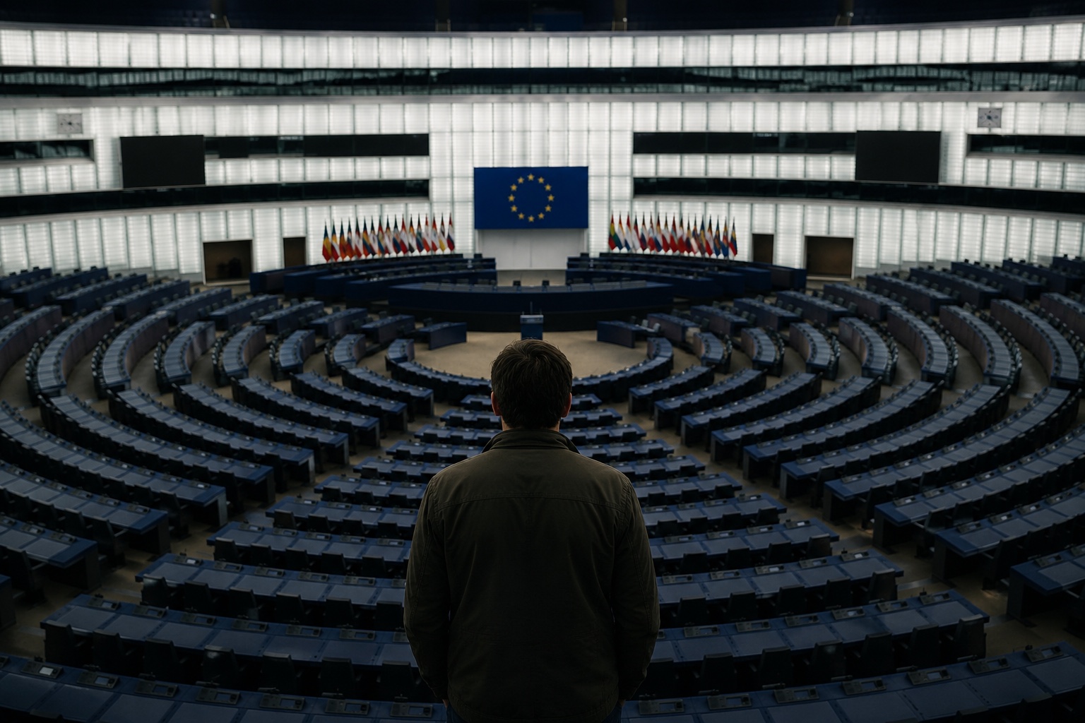 A visitor stands facing the empty European Parliament chamber