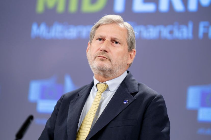 EU Budget Commissioner Johannes Hahn speaking to the media on June 20, 2023. (Photo by Thierry Monasse/Getty Images)