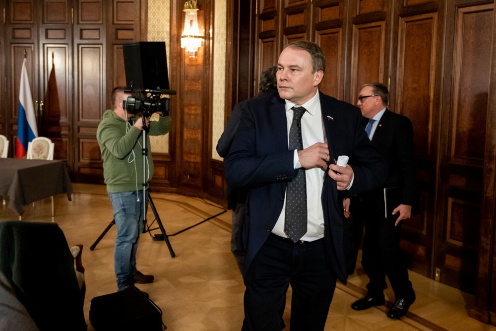 Pyotr Tolstoy, head of Russian delegation to the OSCE Parliamentary Assembly and Deputy Chairman of the Russian State Duma, leaves after a media briefing by the Russian delegation to the Organization for Security and Co-operation in Europe (OSCE). The European Council has strongly rebuffed calls for Austria to be sanctioned by the EU after allowing several Russian officials to enter its territory. (EPA-EFE/CHRISTIAN BRUNA)