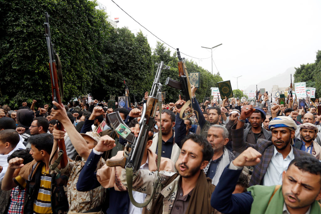 Yemenis participate in a protest denouncing the burning of Islam’s holy book, the Quran, in Sweden and Denmark, on July 24, 2023 in Sana'a, Yemen. (Photo by Mohammed Hamoud/Getty Images)