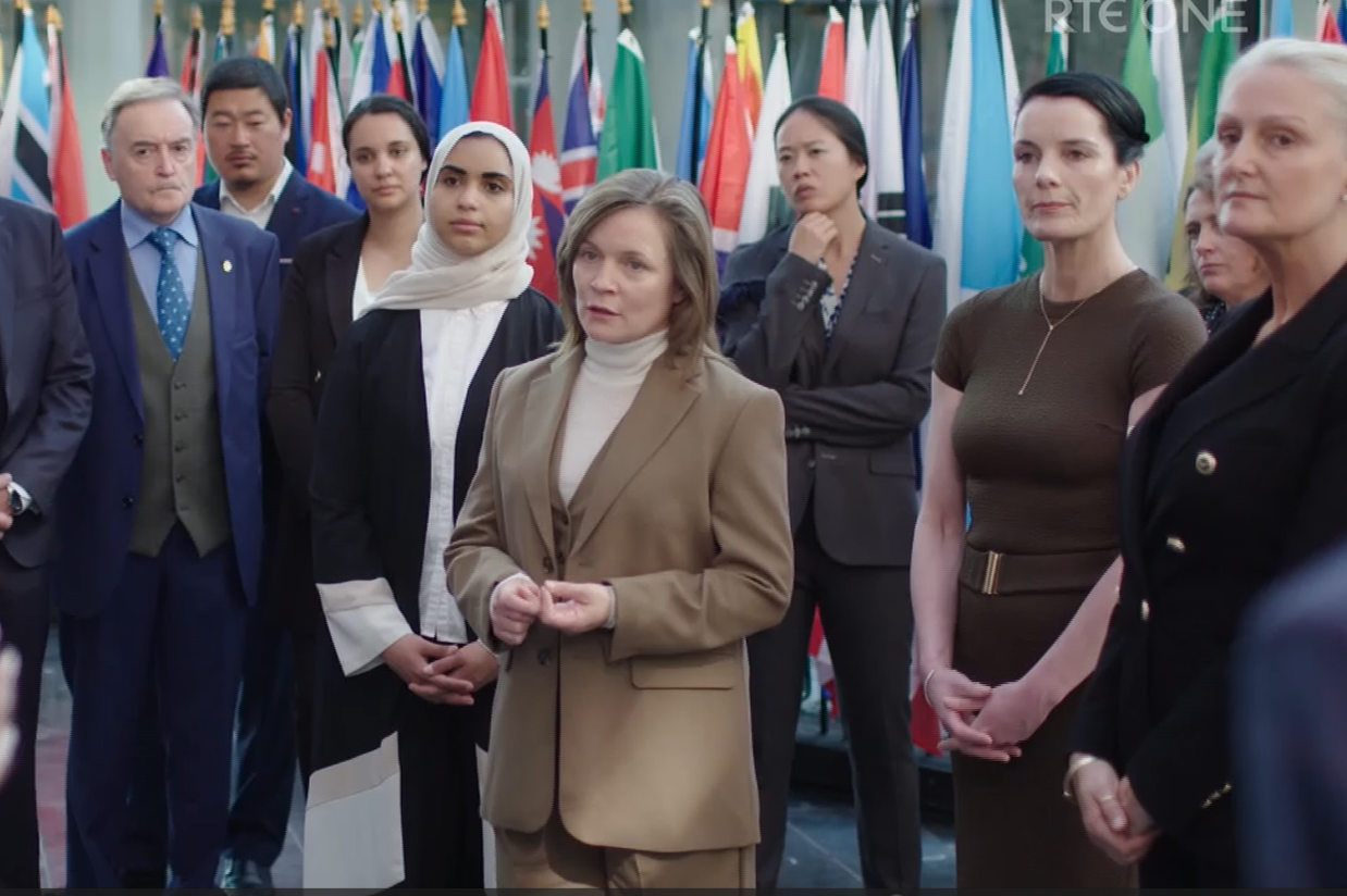 A fictional 'Swedish Prime Minister' Greta Thunberg addresses the media at the a 2050 U.N. meeting. (Credit: RTÉ)