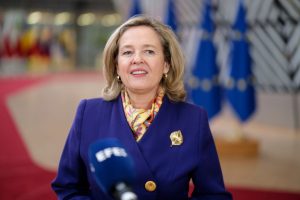 Spain’s Deputy Prime Minister and economy minister Nadia Calviño has beaten European Commissioner Margrethe Vestager for the top job at the European Investment Bank (EIB). (Photo by Thierry Monasse/Getty Images)