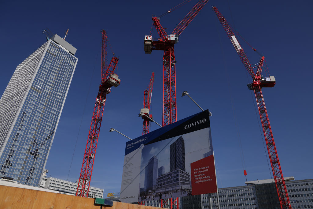 Construction cranes stand idle in Berlin, Germany. A downturn of some 27 per cent in apartment building in Germany reflects an economic malaise in the country. (Sean Gallup/Getty Images)