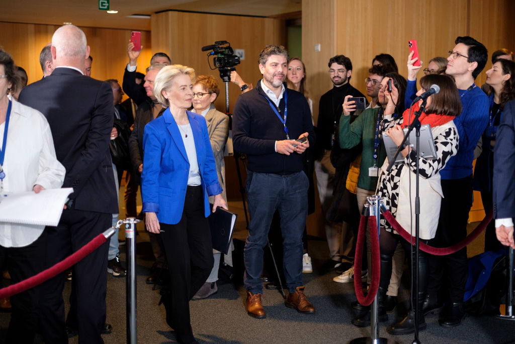 Journalists specialising in EU coverage were left groaning at a major Brussels press conference on Wednesday, February 21, after one of their colleagues requested to ask a question in German. (Photo by Thierry Monasse/Getty Images)