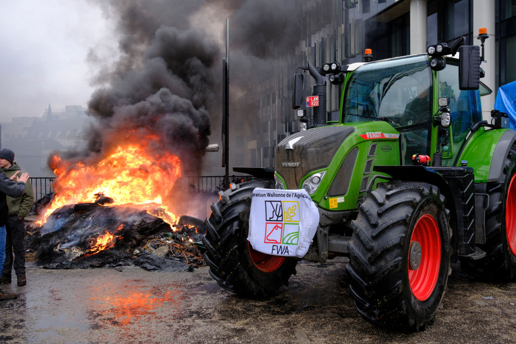 The European Commission has insisted that it is already "taking action" to help farmers despite the fiery protests in Brussels on Monday, February 26. (Photo by Thierry Monasse/Getty Images)