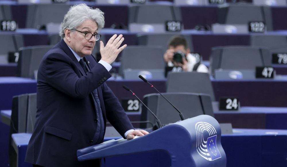 Brussels' self-styled "digital enforcer", Thierry Breton, has taken a victory lap on social media after the European Parliament approved the bloc's controversial AI Act. (EPA-EFE/RONALD WITTEK)