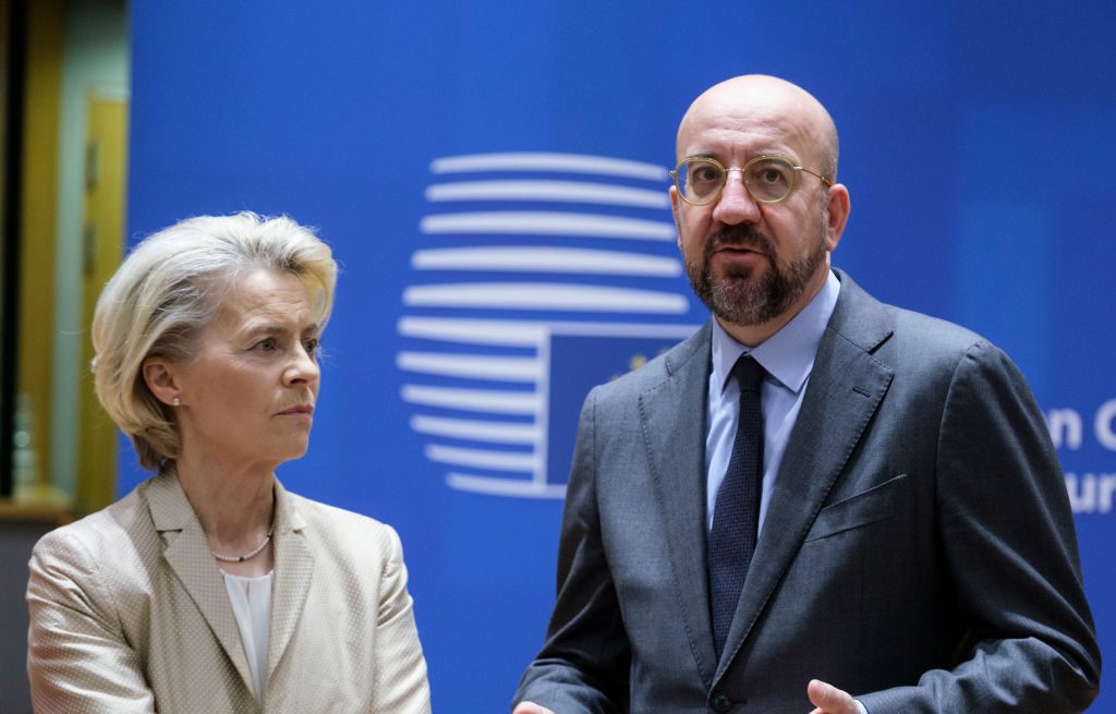 EU leaders Charles Michel and Ursula von der Leyen have lashed out at Russia after the country's government declared it is in a "state of war" in Ukraine for the first time. (Photo by Thierry Monasse/Getty Images)
