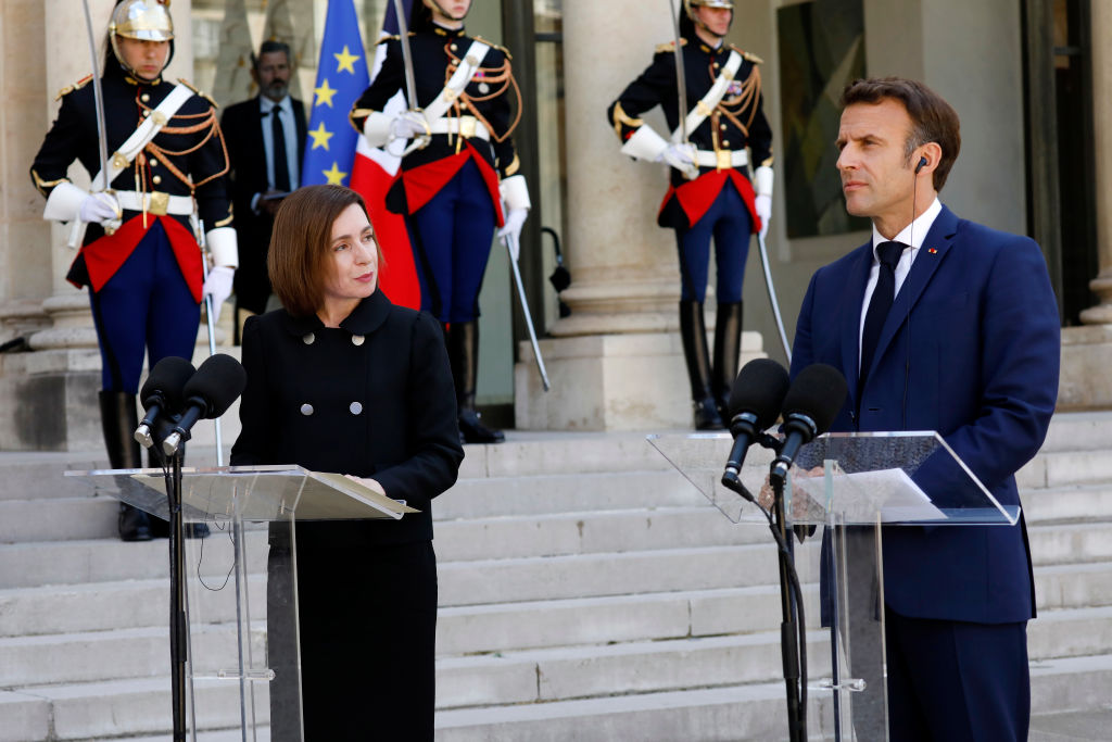 French President Emmanuel Macron is set to sign a defence and economy deal with Moldovan President Maia Sandu on March 7. (Antoine Gyori/ Corbis via Getty images)