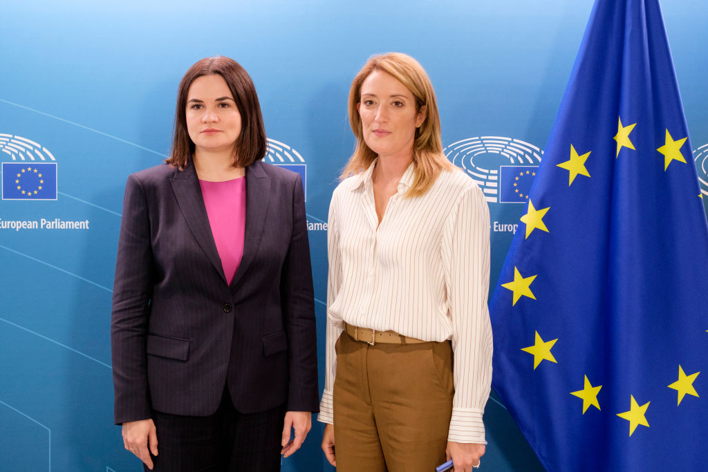 European Parliament President Roberta Metsola demonstrated support for Belarusian opposition forces led by Sviatlana Tsikhanouskaya(Photo by Thierry Monasse/Getty Images)