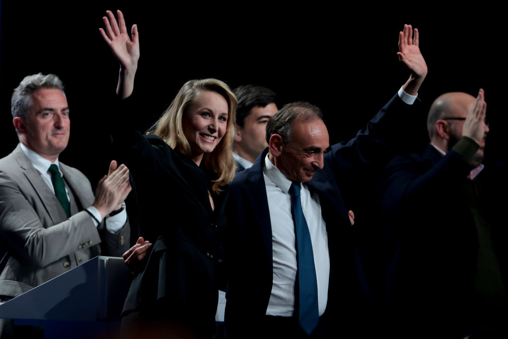 Marion Maréchal, head of the hard-right Reconquête list for the 2024 European elections, defends what she calls "remigration" aligning herself with Rishi Sunak's Safety to Rwanda Act. (Photo by Jean Catuffe/Getty Images)