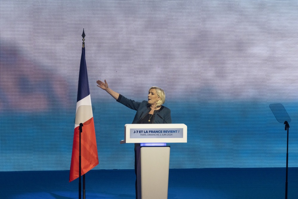 Marine Le Pen reaffirmed her ambition to create a hard right supergroup in the European Parliament in an interview last night on June 5. EPA-EFE/ANDRE PAIN