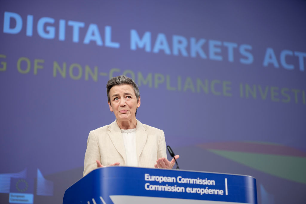 Apple is at risk of imminent penalties over "issues" the EU has with its compliance with the bloc's digital regulations, competition tsar Margrethe Vestager has warned. (Thierry Monasse/Getty Images)