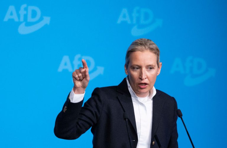 In case you are in any doubt, Alice Weidel, co-leader of AfD, is pointing real Right: (Photo by Arnd Wiegmann/Getty Images)