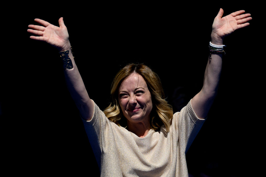 Meloni, part of Europe's new respectable Right (Brothers of Italy) political party for the upcoming European elections, at Piazza Del Popolo, on June 1, 2024 in Rome, Italy. (Photo by Antonio Masiello/Getty Images)