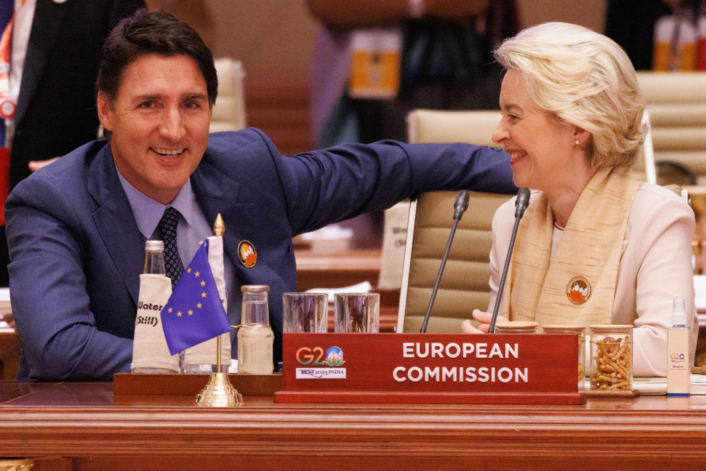 Canadian Prime Minister Justin Trudeau and European Commission President Ursula von der Leyen have promised to promote "diversity and gender equality" within their respective industrial sectors. (Photo by Dan Kitwood/Getty Images)