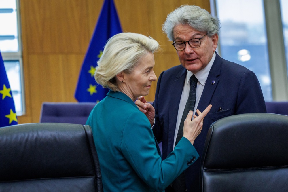 European Commission President Ursula von der Leyen is to promote Brussels' resident X-basher Thierry Breton to the position of "executive vice-president", a leak published in the German media has claimed. (EPA-EFE/OLIVIER MATTHYS)