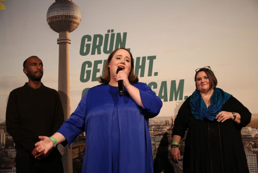 Ricarda Lang, a German Greens leader who is not fat, not at all, not in the least. Not sure about the one on the right. (May I go now, Herr Oberkommissar?) (Photo by Adam Berry/Getty Images)