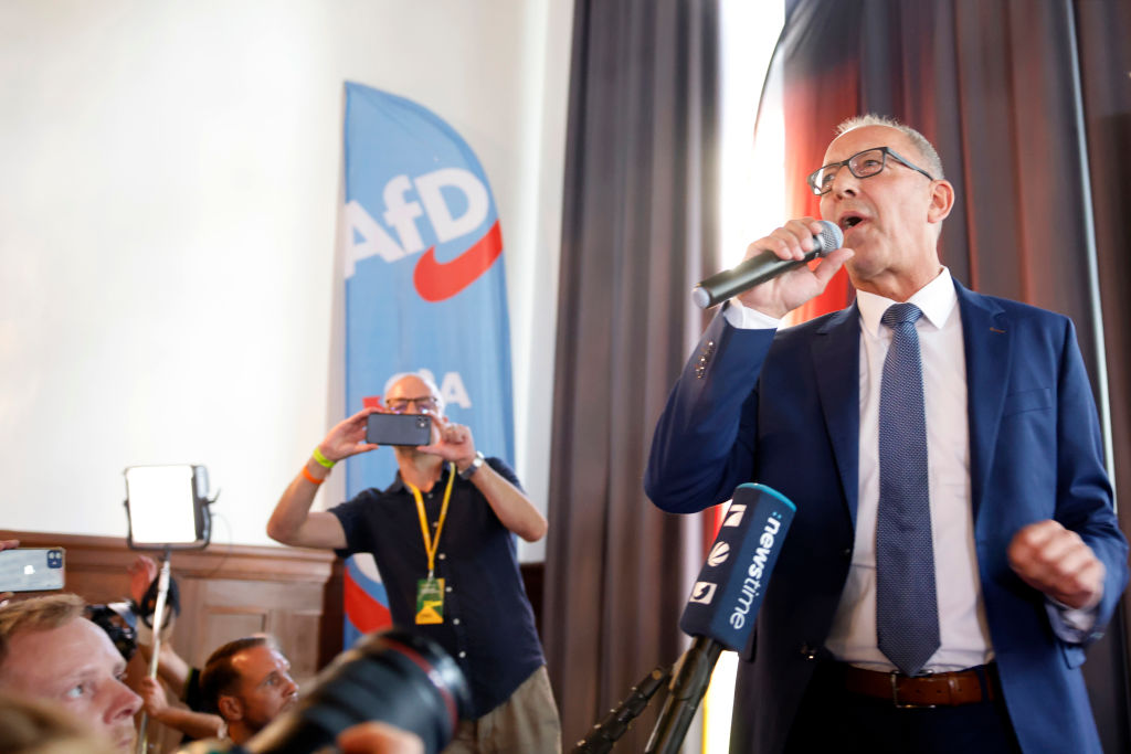 ARCHIVE IMAGE - Joerg Urban, lead candidate of the Alternative for Germany (AfD) in the state of Saxony, speaks to AfD supporters following the announcement of initial results in Saxony state elections on September 1, 2024 in Dresden, Germany. (Photo by Axel Schmidt/Getty Images)