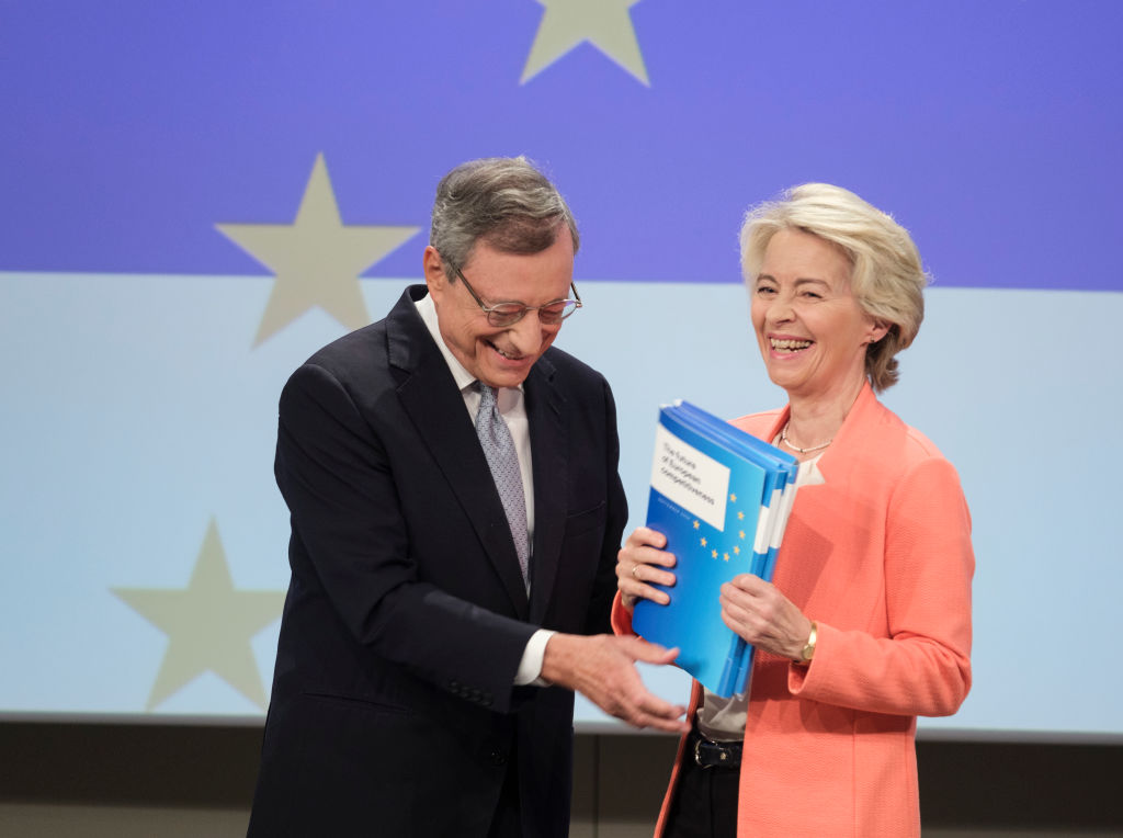 Oh, look. Another plan by another eurocrat. Debt, protectionism, more debt. Always good for a laugh (Photo by Thierry Monasse/Getty Images)