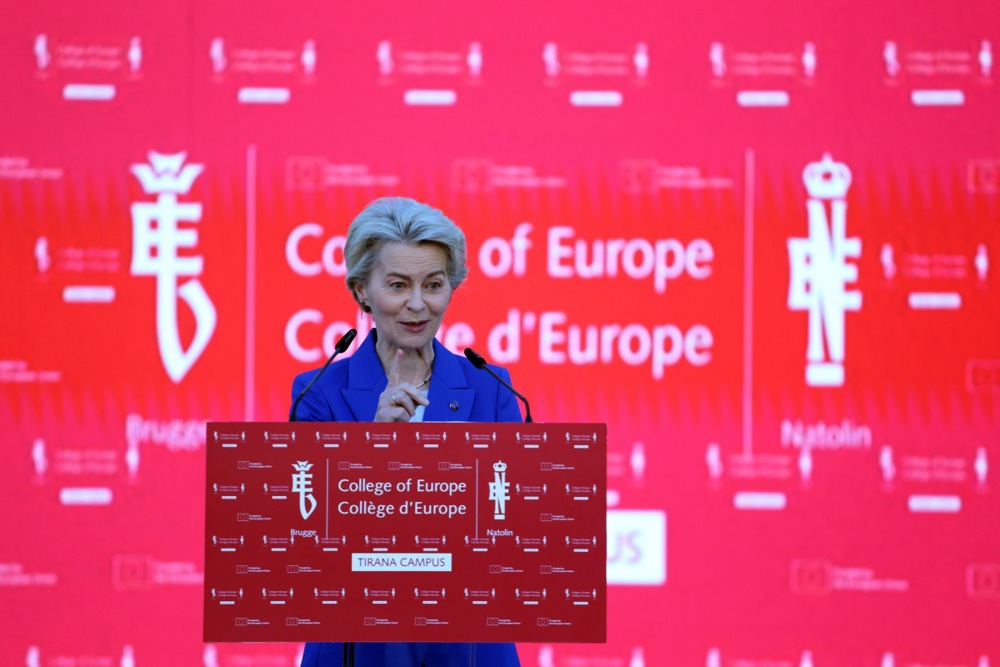 At the inauguration ceremony in the College of Europe campus in Albania’s capital Tirana, the European Commission President Ursula von der Leyen outlined her vision for the bloc: nationalism versus europeanism. EPA-EFE/MALTON DIBRA