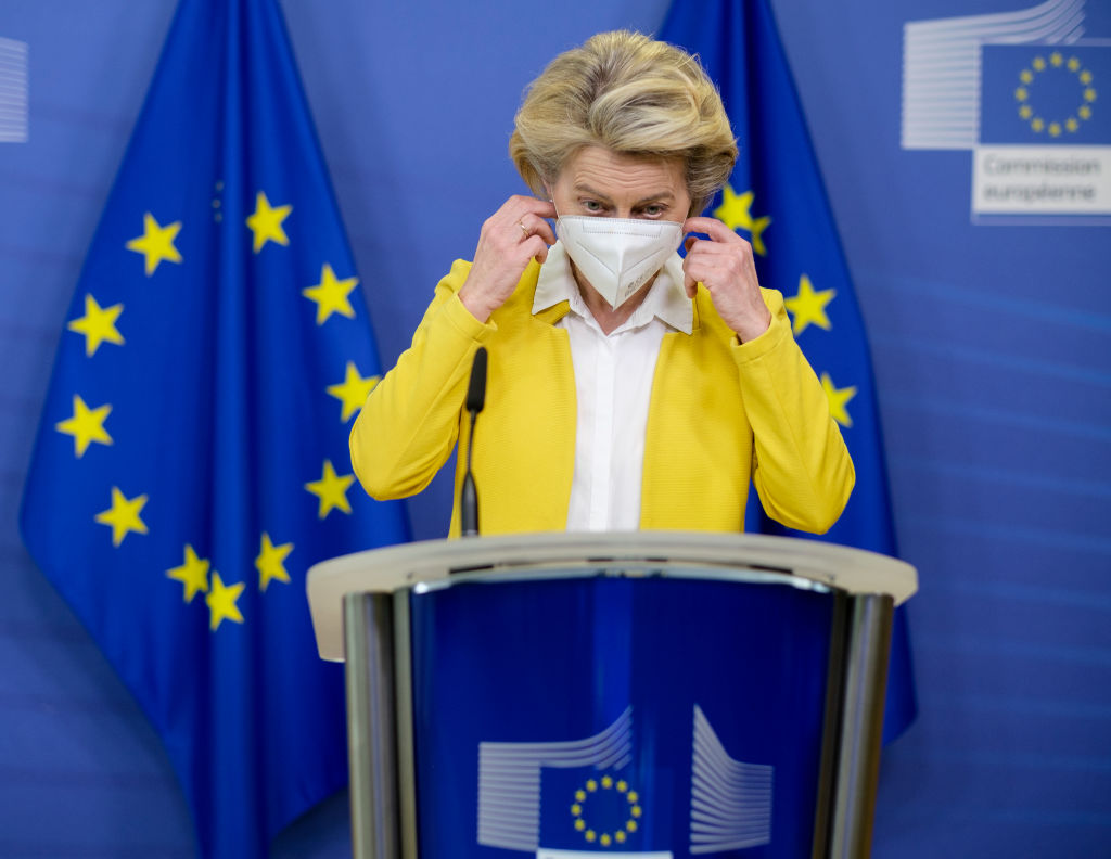 Von der Leyen during a press briefing on Covid-19. But what did she know about the vaccine deal and when did she know it? (Photo by Thierry Monasse/Getty Images)