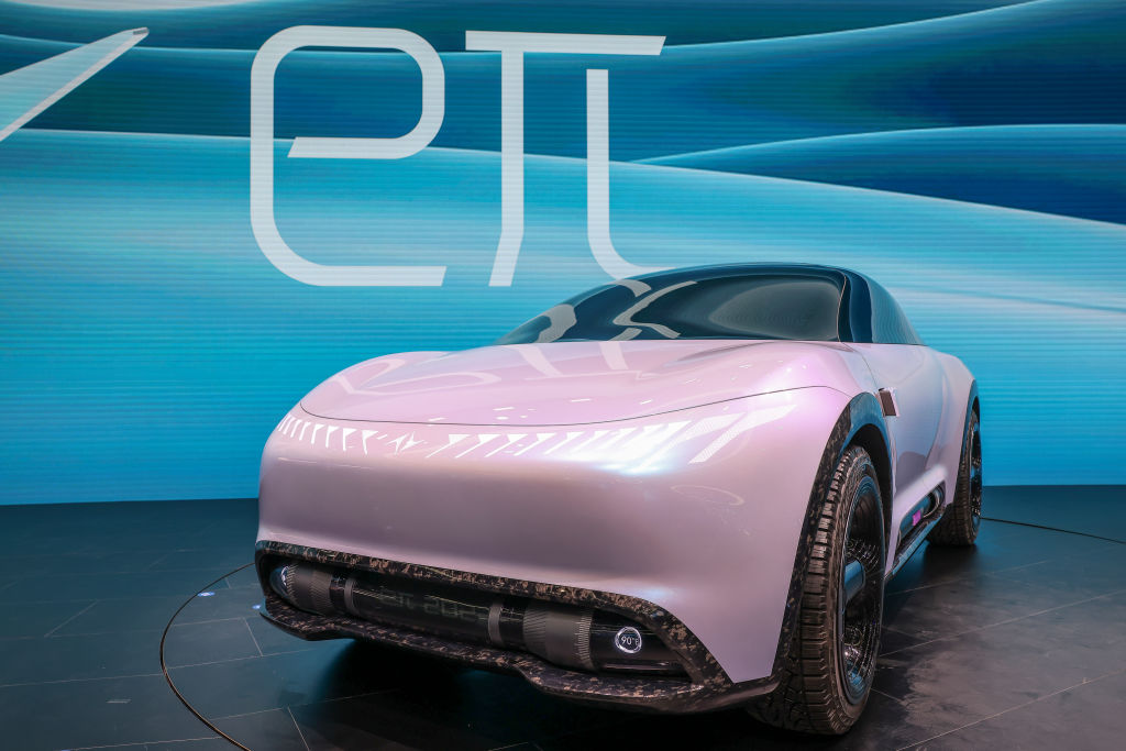 A Chinese EV in pink being offered to Europe. One wonders why. (Photo by Zhe Ji/Getty Images)