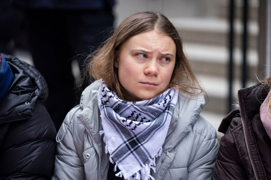 Thunberg, smug antisemite and confused backer of Hamas (Photo by Michael Campanella/Getty Images)