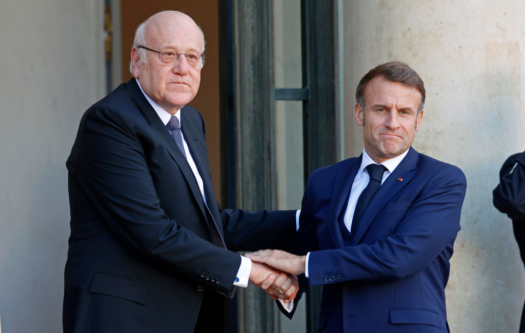 President Macron greets Lebanese PM Najib Mikati in Paris the day before conference on Lebanon began on Oct 24, when Macron made statements which angered Jewish advocacy (Photo by Chesnot/Getty Images)