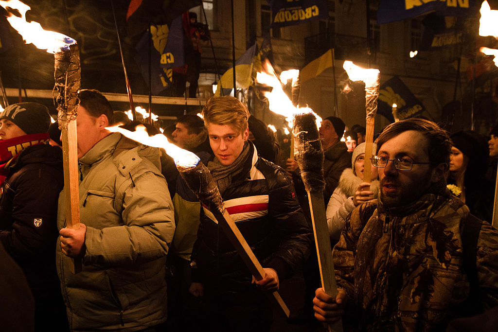 About 15,000 Ukrainians celebrate the 105th birthday of Stepan Bandera. Poles say he was a Nazi murderer of 100,000 Poles, Ukrainians say he was a martyred liberation figure. Make your choice. Photo: Sergii Kharchenko/NurPhoto (Photo by NurPhoto/Corbis via Getty Images)