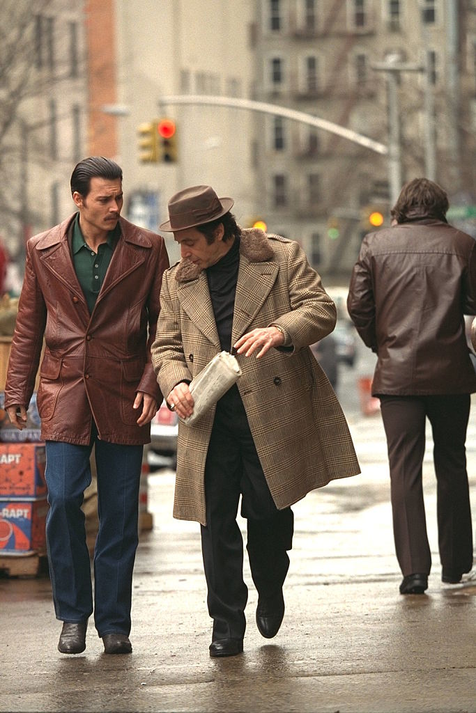 Al Pacino and Johnny Depp in hit mafia film "Donnie Brasco". NO connection at all with Banca Progetto, but an enjoyable photograph. (Lawrence Schwartzwald/Sygma via Getty Images)