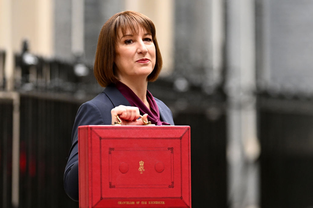 UK finance minister Rachel Reeves with the red Budget Box ahead of her address to parliament. (Leon Neal/Getty Images)