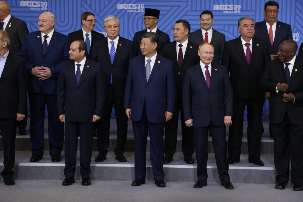 BRICS full team line up, Xi, Putin, Ramaphosa, Tayyip Erdogan, Modi, Vieira, and on through dozens of guests, none of them looking Western (Photo by Contributor/Getty Images)