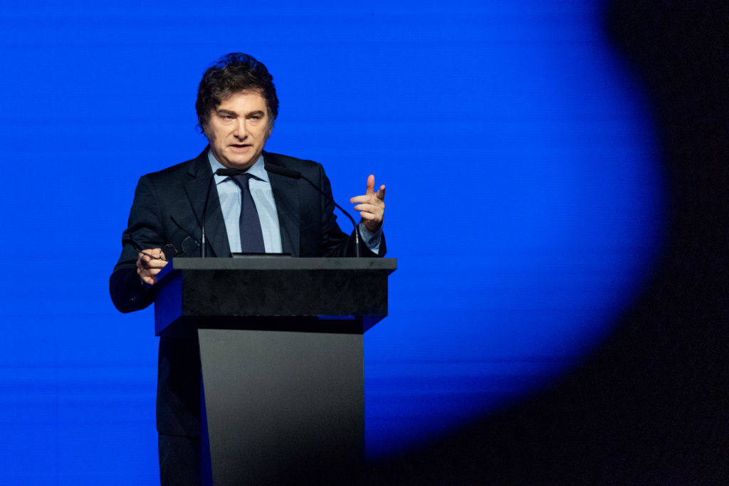 Argentina’s President Javier Milei took the stage at the Conservative Political Action Conference (CPAC) in Buenos Aires, rallying right-wing leaders and supporters to unite in what he called a "cultural war" to protect Western civilization from the influence of socialism. (Photo by Tomas Cuesta/Getty Images)