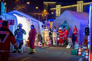 Police vans and ambulances at the annual Christmas market in Magdeburg, where at least five people died. (Craig Stennett/Getty Images)