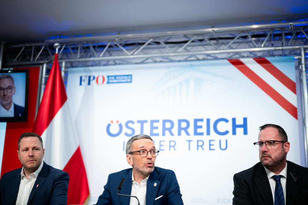 Herbert Kickl, leader of Austria Freedom Party, accompanied by Christian Hafenecker (R) and Michael Schnedlitz (L). (Michael Gruber/Getty Images)