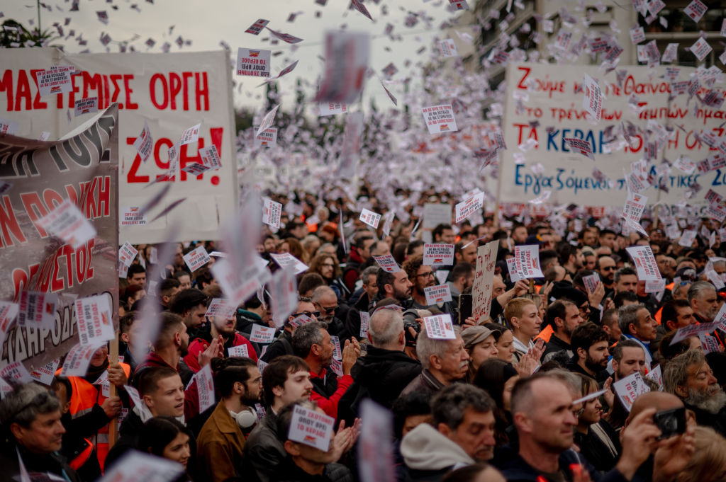 Protesters crowd Syntagma Square in February marking the second anniversary of the 2023 train crash in northern Greece that killed 57 people. (Hilary Swift/Getty Images)