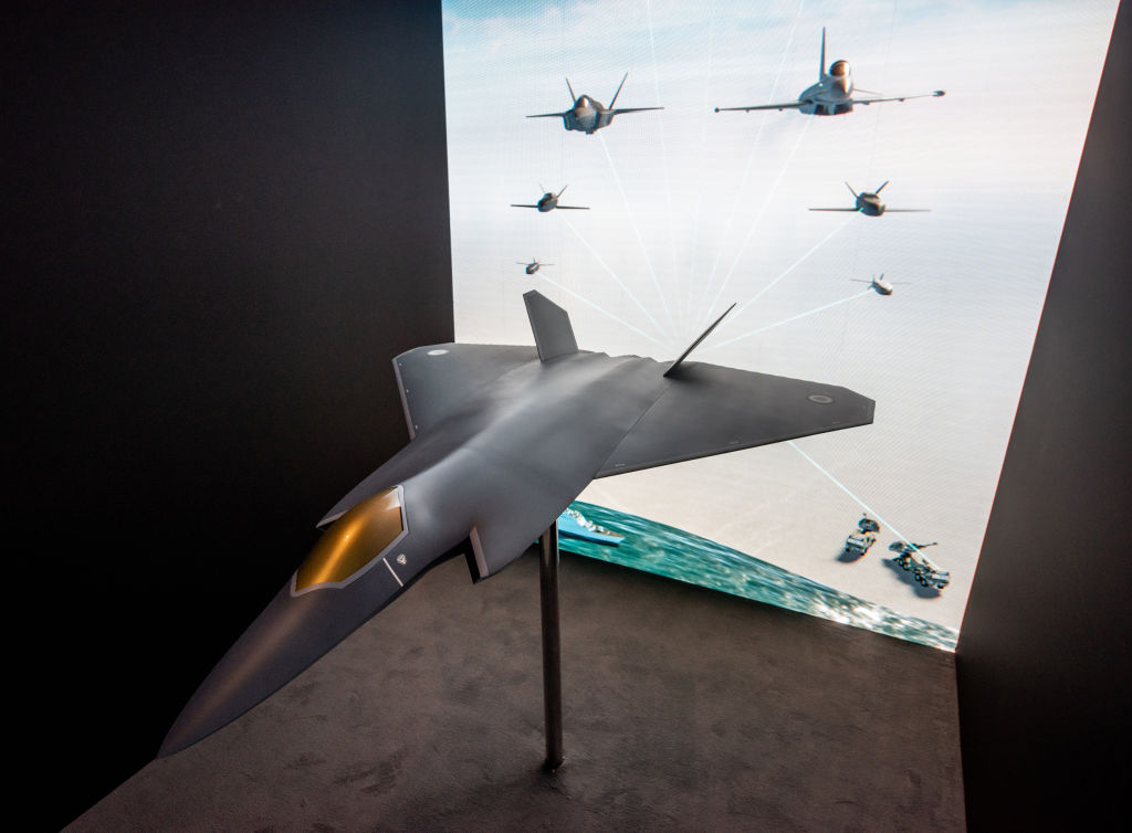 A concept model of a next-generation combat aircraft at the BAE Systems hall at the Farnborough International Airshow. (John Keeble/Getty Images)