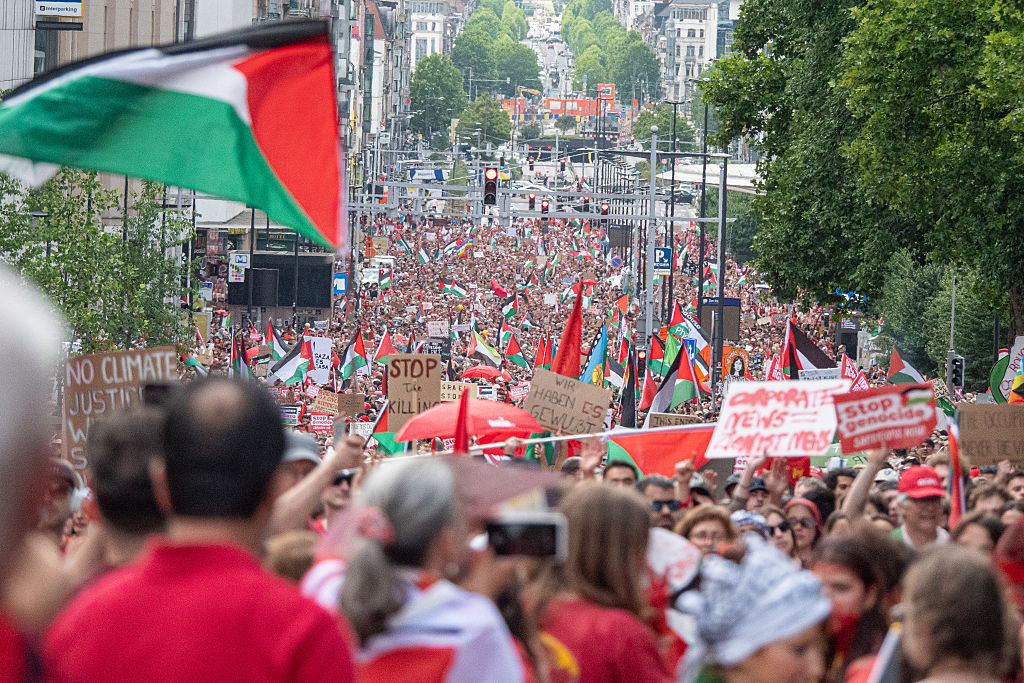 Thousands of protesters gathered in Brussels on June 15 for a protest march against Israeli violence in the Gaza Strip. (Photo by Luis Miguel Caceres/Getty Images)
