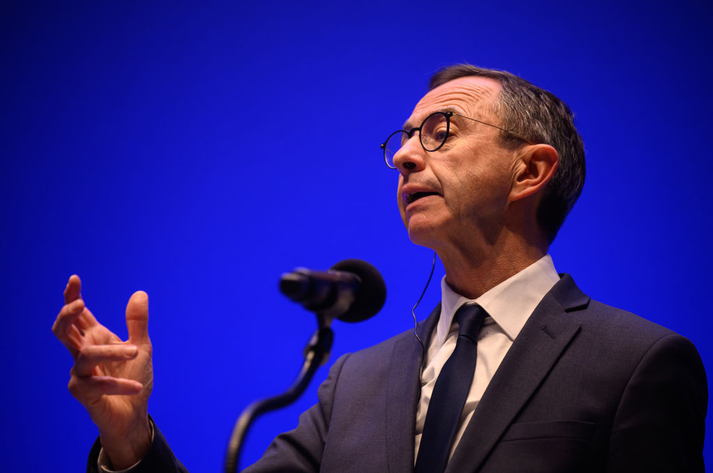 French Interior Minister Bruno Retailleau has publicly turned on President Emmanuel Macron, attacking Macron's party political ideology.  (Photo by Leon Neal/Getty Images)