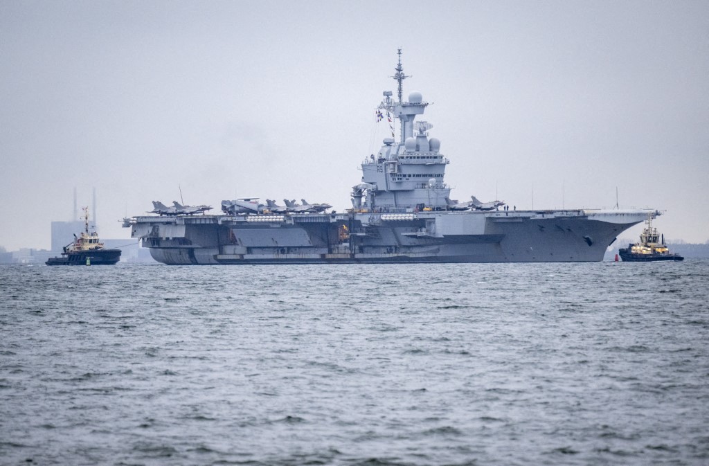 NATO forces were forced to intercept a suspected Russian drone heading toward France’s 800-foot-long aircraft carrier, the Charles de Gaulle, in what was described as a “serious security” incident in Malmö, Sweden, SVT reported.(Photo by JOHAN NILSSON / TT News Agency via AFP)