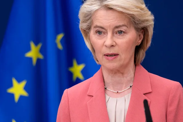 Ursula von der Leyen, President of the European Commission, confirmed today the decision to proceed with provisional application of the Mercosur trade pact, even as a Court of Justice review initiated by MEPs in January continues to delay full ratification.(Photo by Thierry Monasse/Getty Images)
