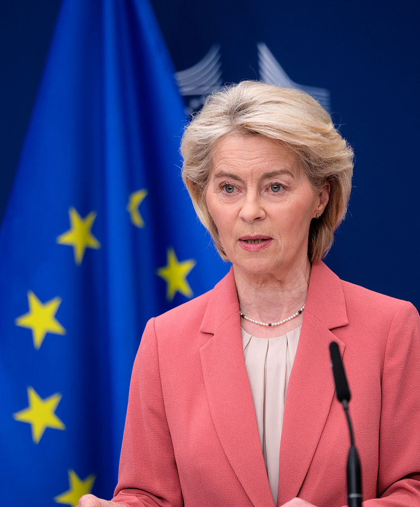 Ursula von der Leyen, President of the European Commission, confirmed today the decision to proceed with provisional application of the Mercosur trade pact, even as a Court of Justice review initiated by MEPs in January continues to delay full ratification.(Photo by Thierry Monasse/Getty Images)