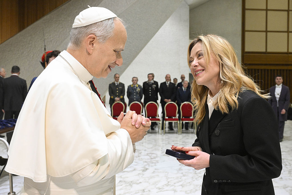 Italian Prime Minister Giorgia Meloni on Monday, April 13, described as “unacceptable” the message posted by U.S. President Donald Trump on his social network after Pope Leo XIV criticized the war in the Middle East.(Photo by Simone Risoluti - Vatican Media via Vatican Pool/Getty Images)