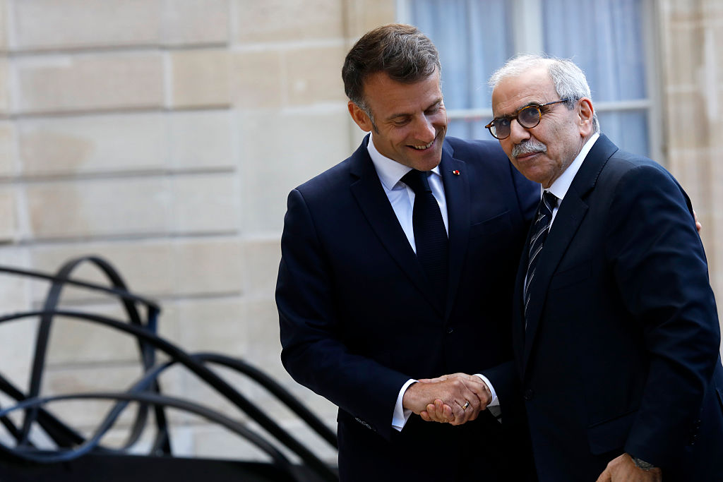 French President Emmanuel Macron hosted Lebanese Prime Minister Nawaf Salam at the Élysée Palace on April 21, in a highly symbolic diplomatic meeting held just ahead of planned indirect Israeli–Lebanese talks in Washington. (Photo by Antoine Gyori - Corbis/Corbis via Getty Images)