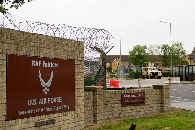 British police arrest five near air base and evacuate Gloucestershire village